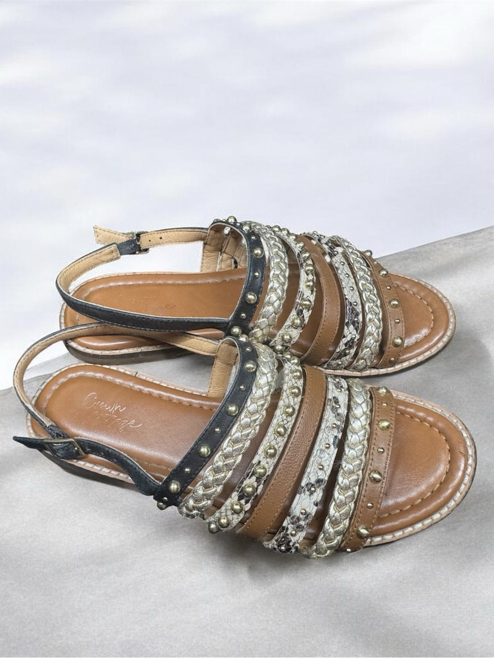 Women’s Braided Studded Tan Slingback Sandals Crown Vintage
